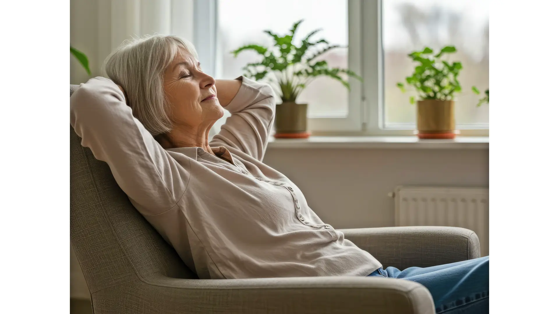 Femme retraitée profitant d'un intérieur confortable pour bien vieillir chez soi